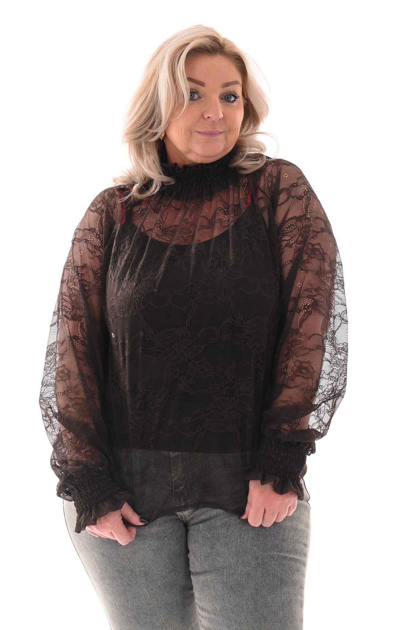 Kanten top smock kraag donkerbruin