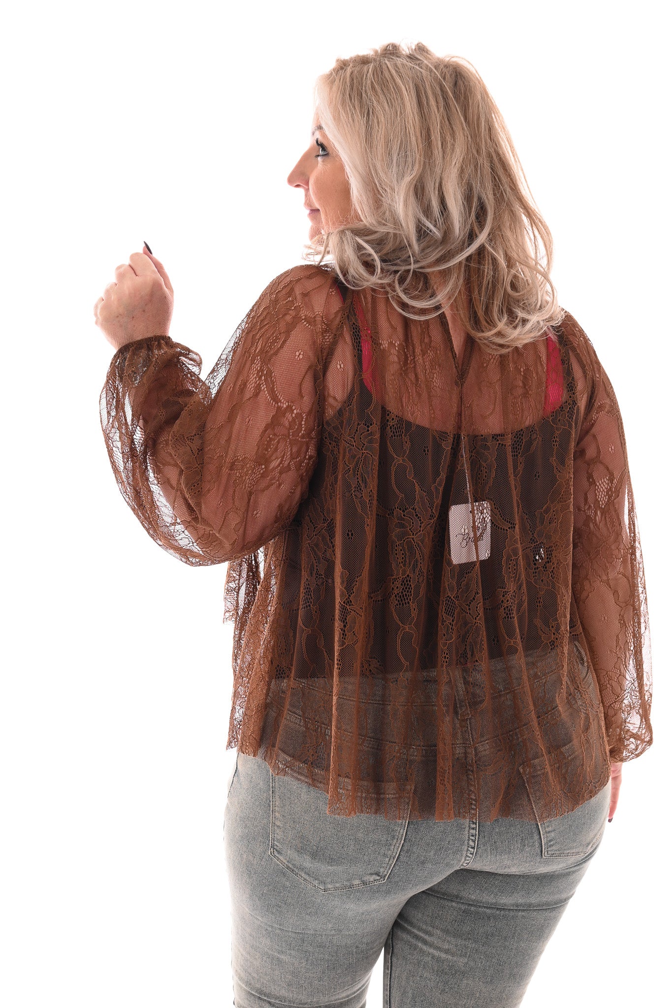 Kanten top roezels met strik achterkant bruin