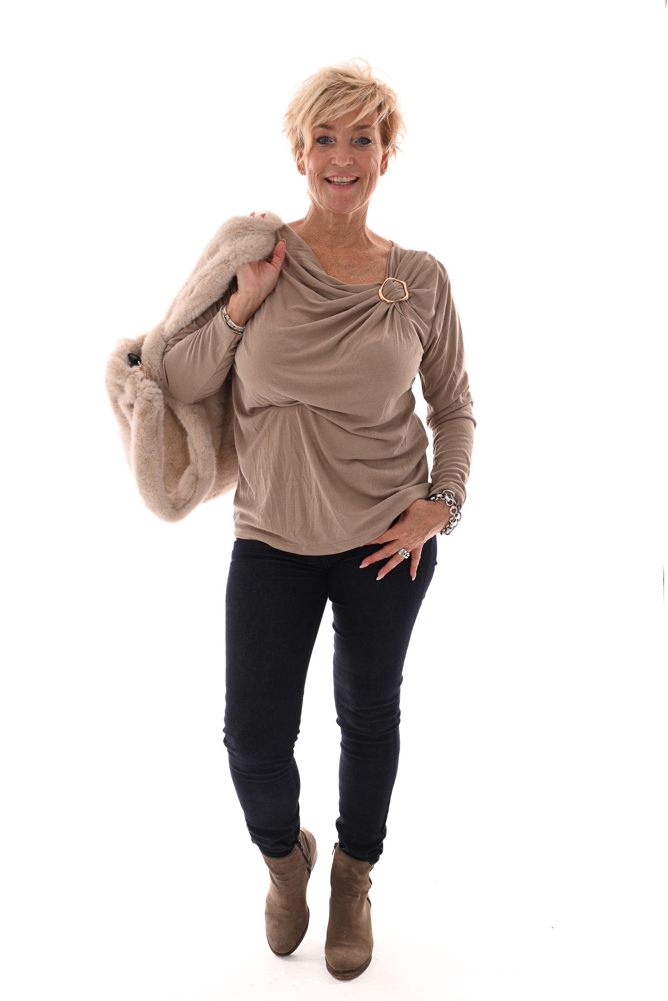 Top rib lange mouwen ring detail beige