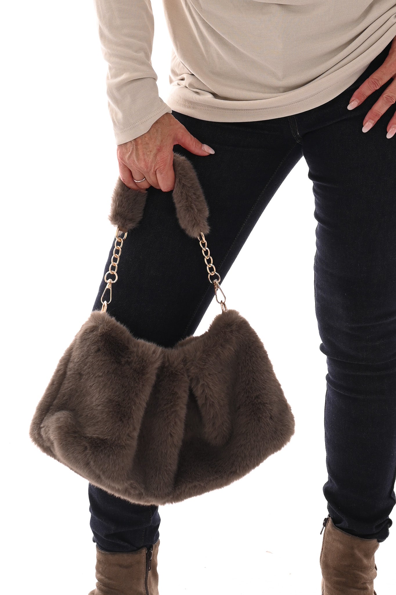 Faux fur schoudertas taupe