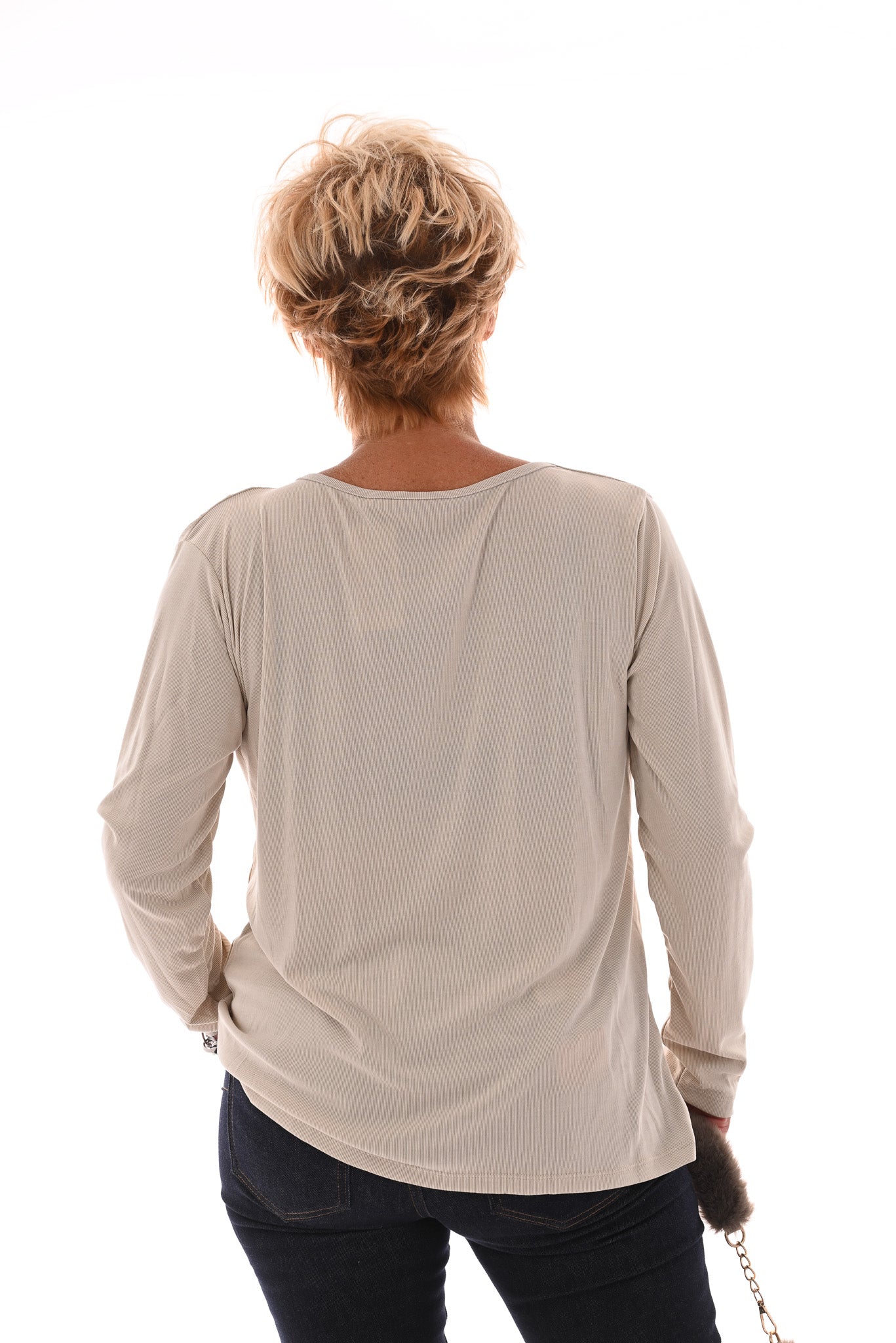 Top rib lange mouwen ring detail roomwit