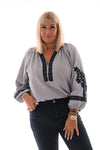 Blouse v-hals strepen met pofmouwen blauw