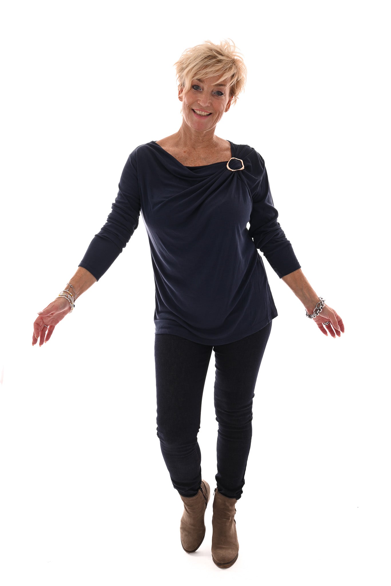 Top rib lange mouwen ring detail marineblauw