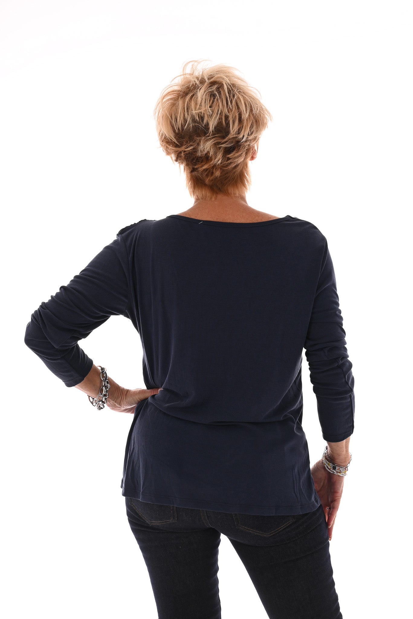 Top rib lange mouwen ring detail marineblauw