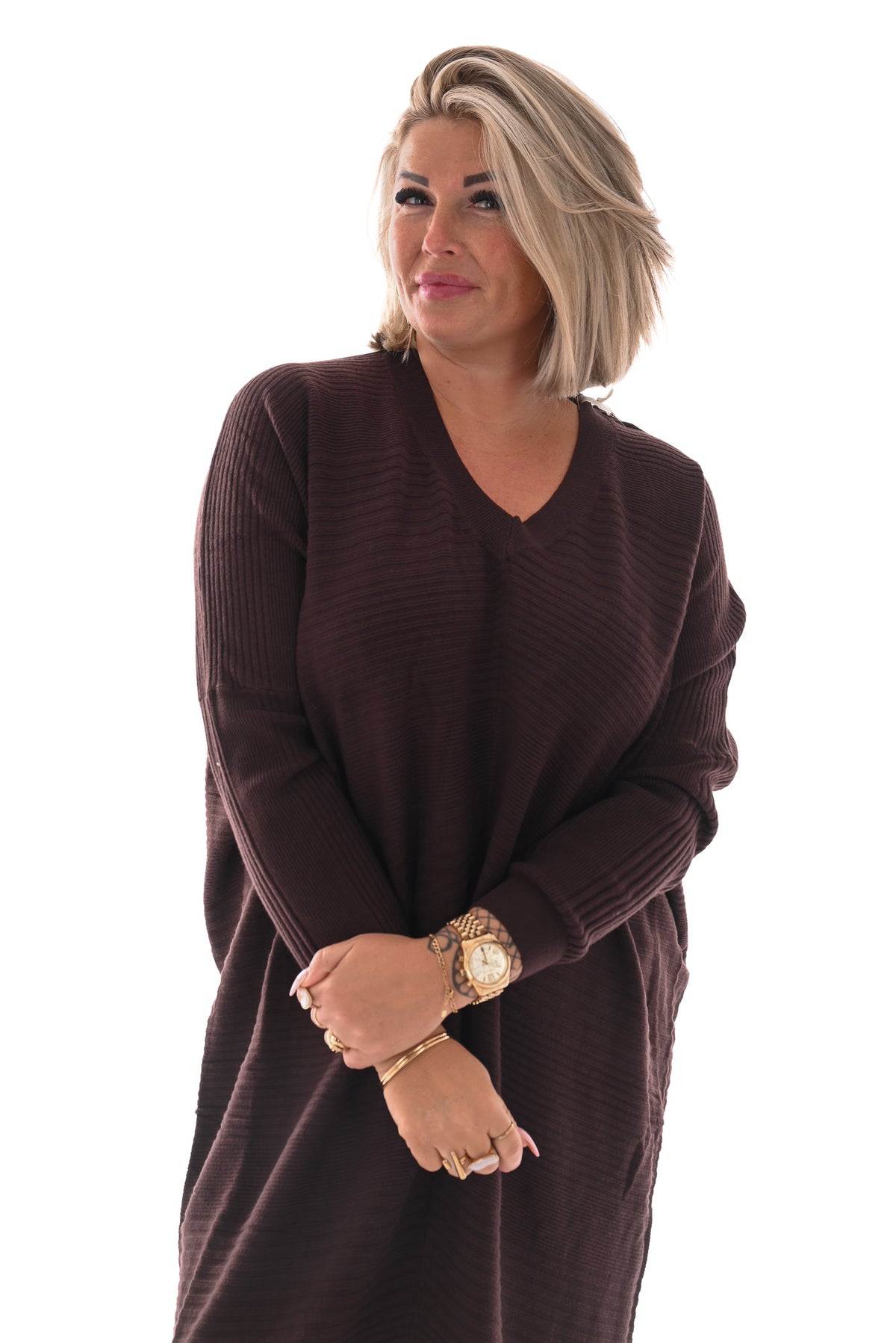 Jurk lijnen v-hals donkerbruin