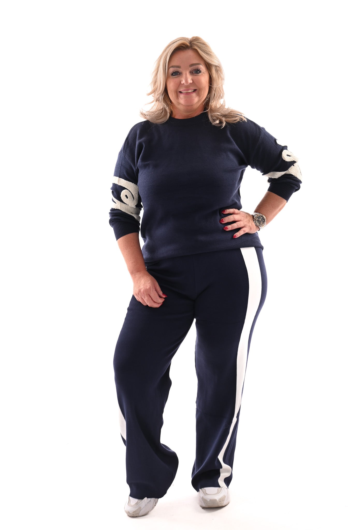Fijn gebreide broek met bies marineblauw