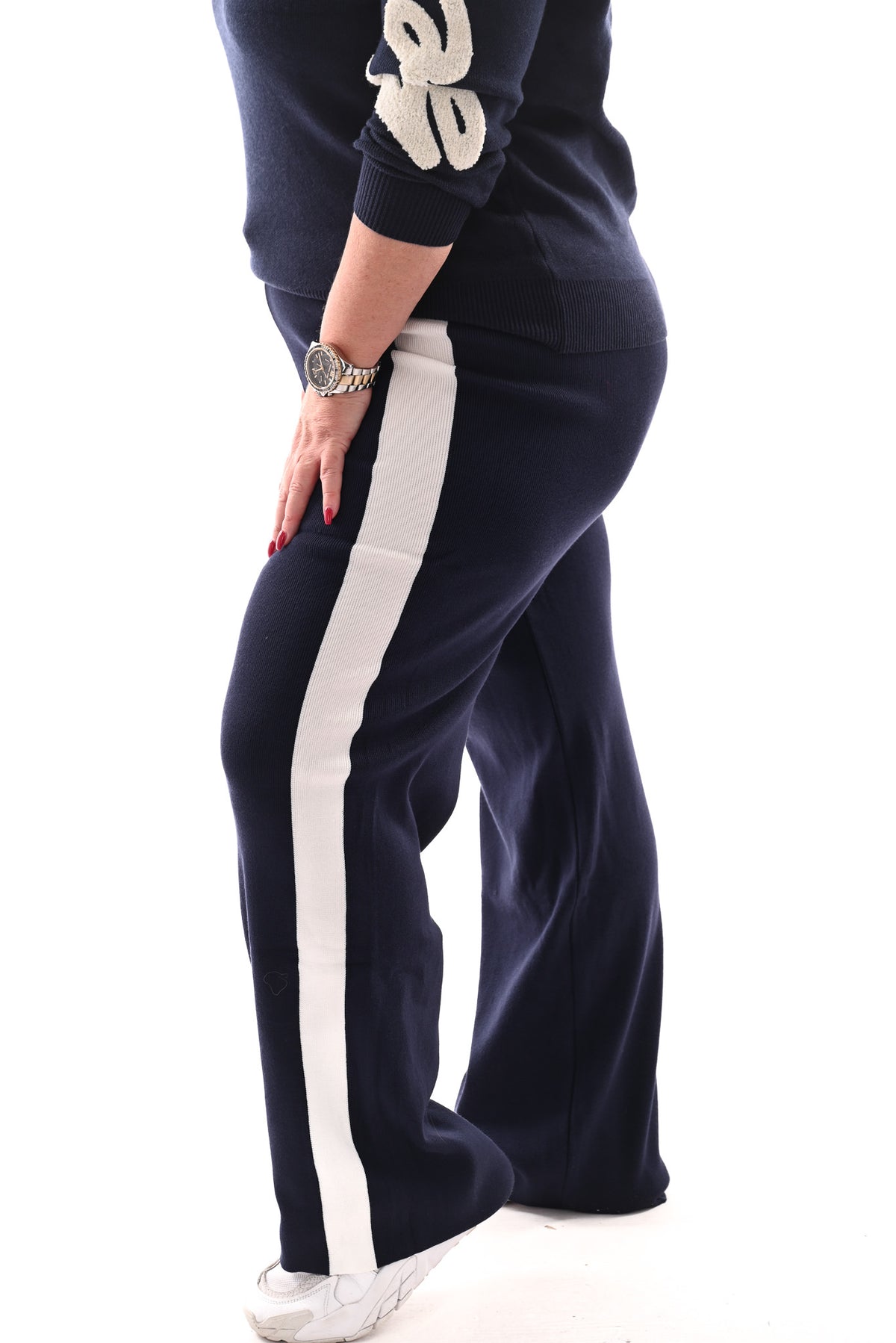 Fijn gebreide broek met bies marineblauw