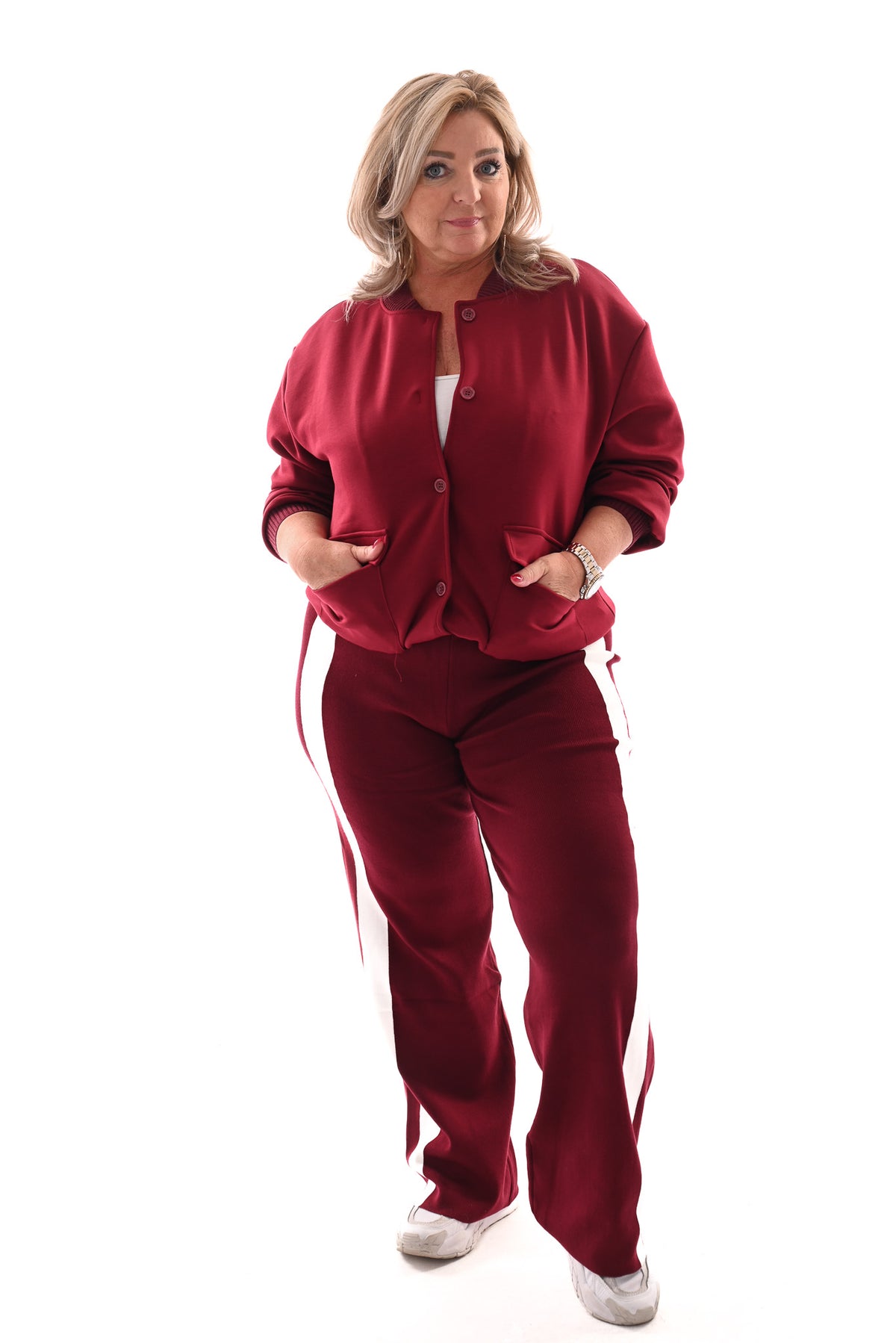 Fijn gebreide broek met bies bordeaux