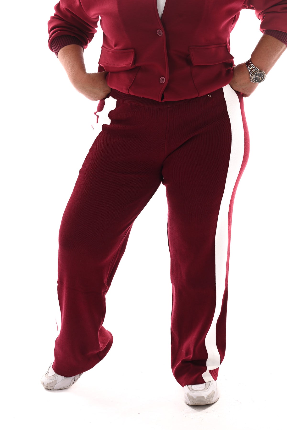 Fijn gebreide broek met bies bordeaux