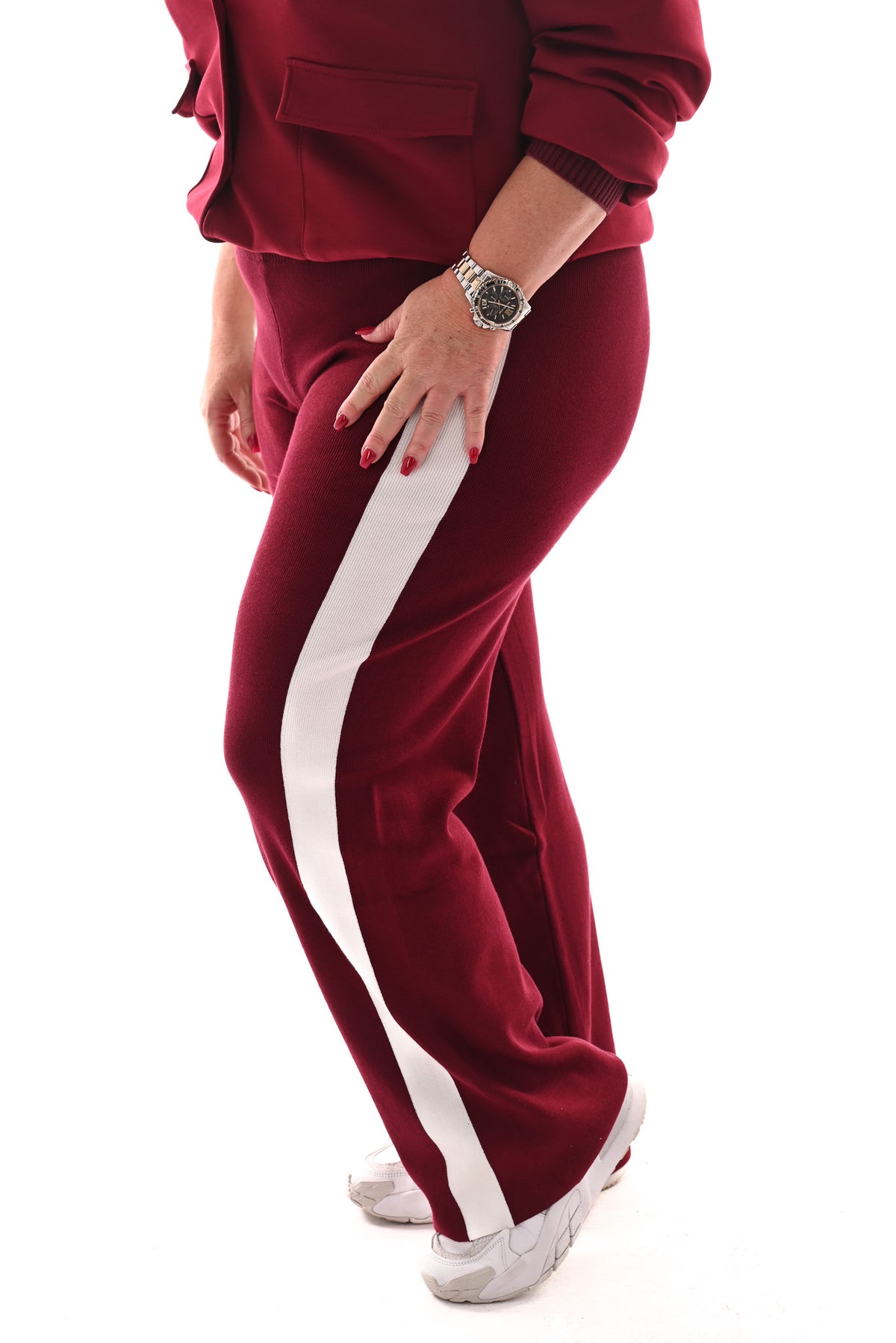 Fijn gebreide broek met bies bordeaux