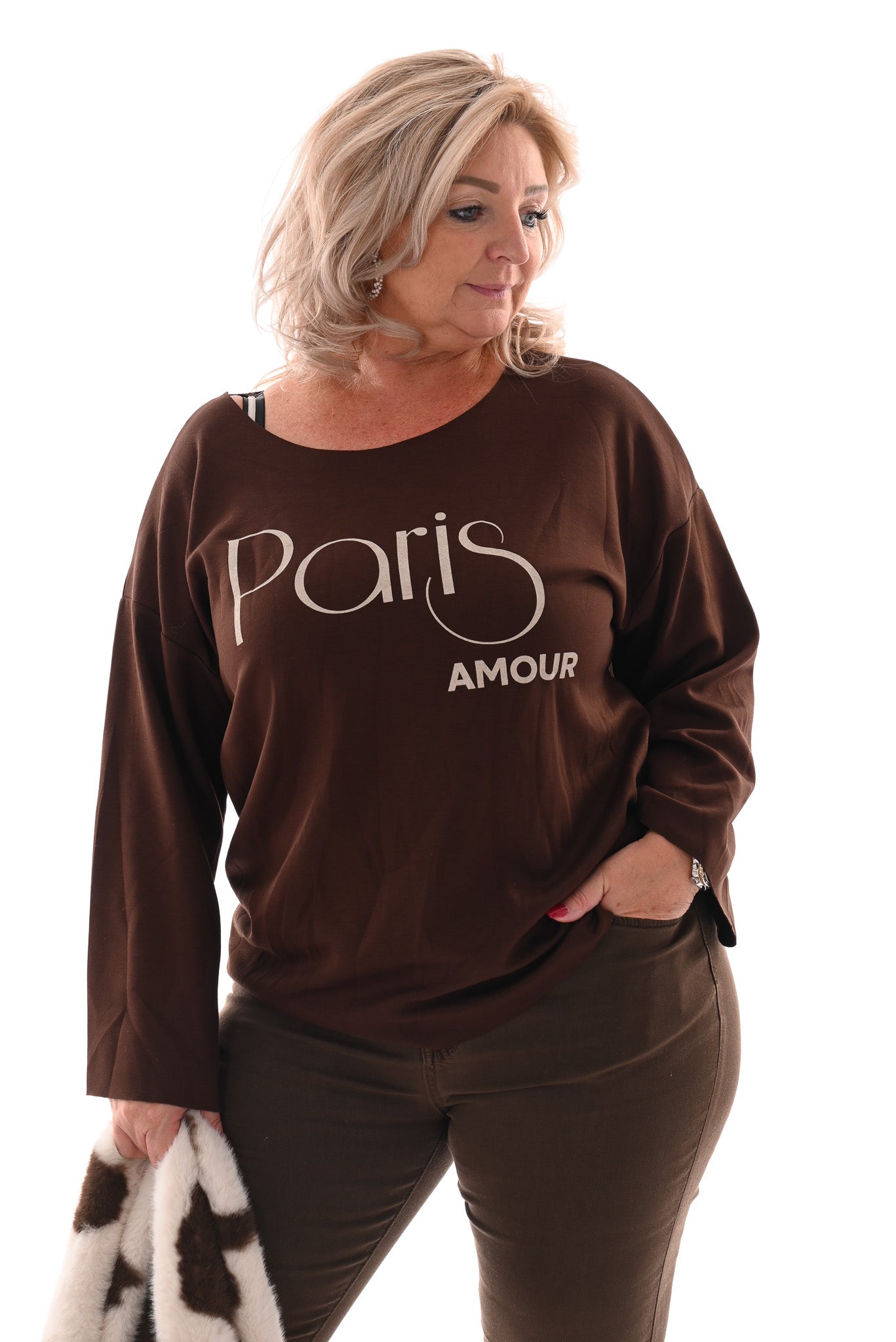 Top lange mouwen paris amour donkerbruin