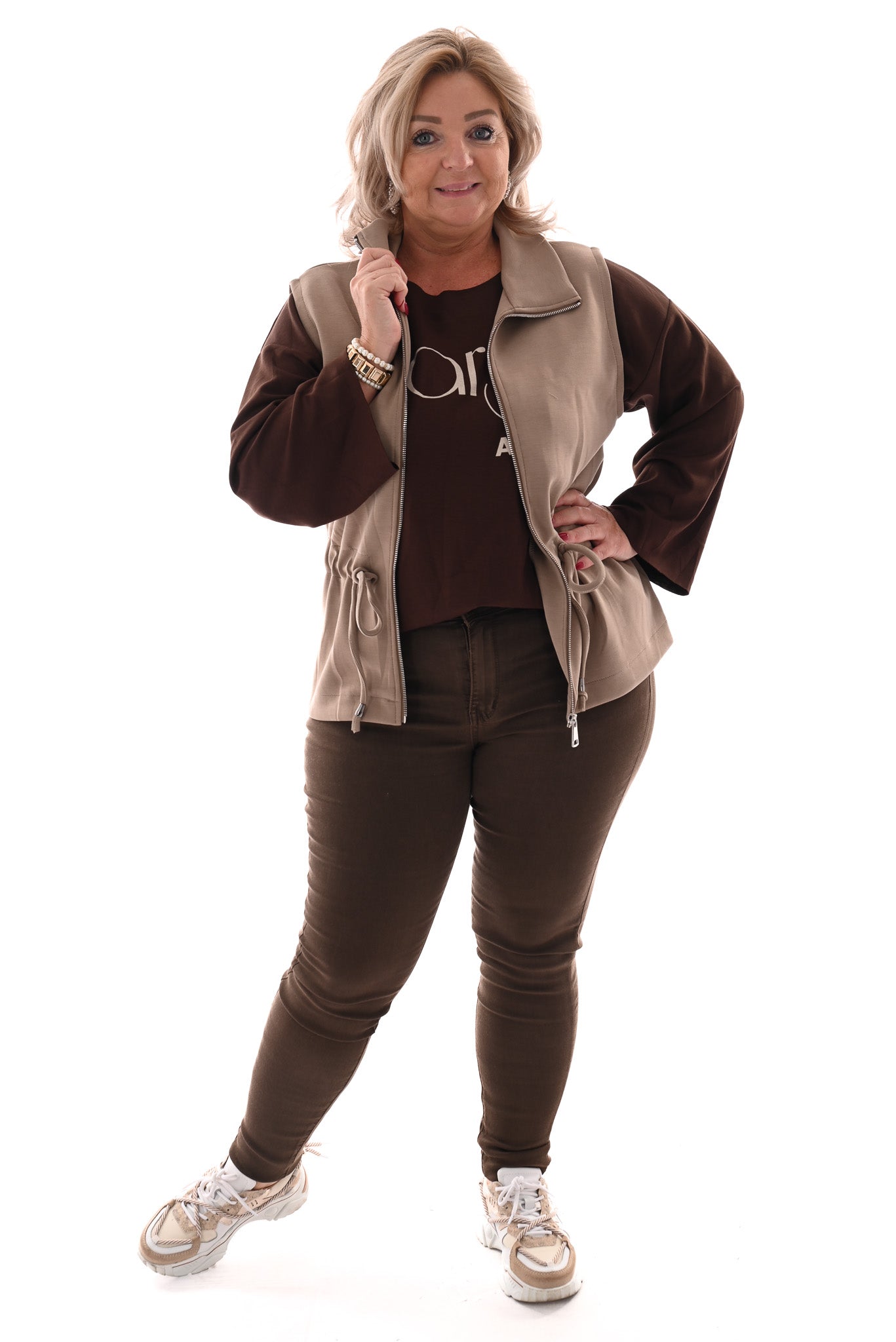 Gilet met rits en aantrekkoord beige