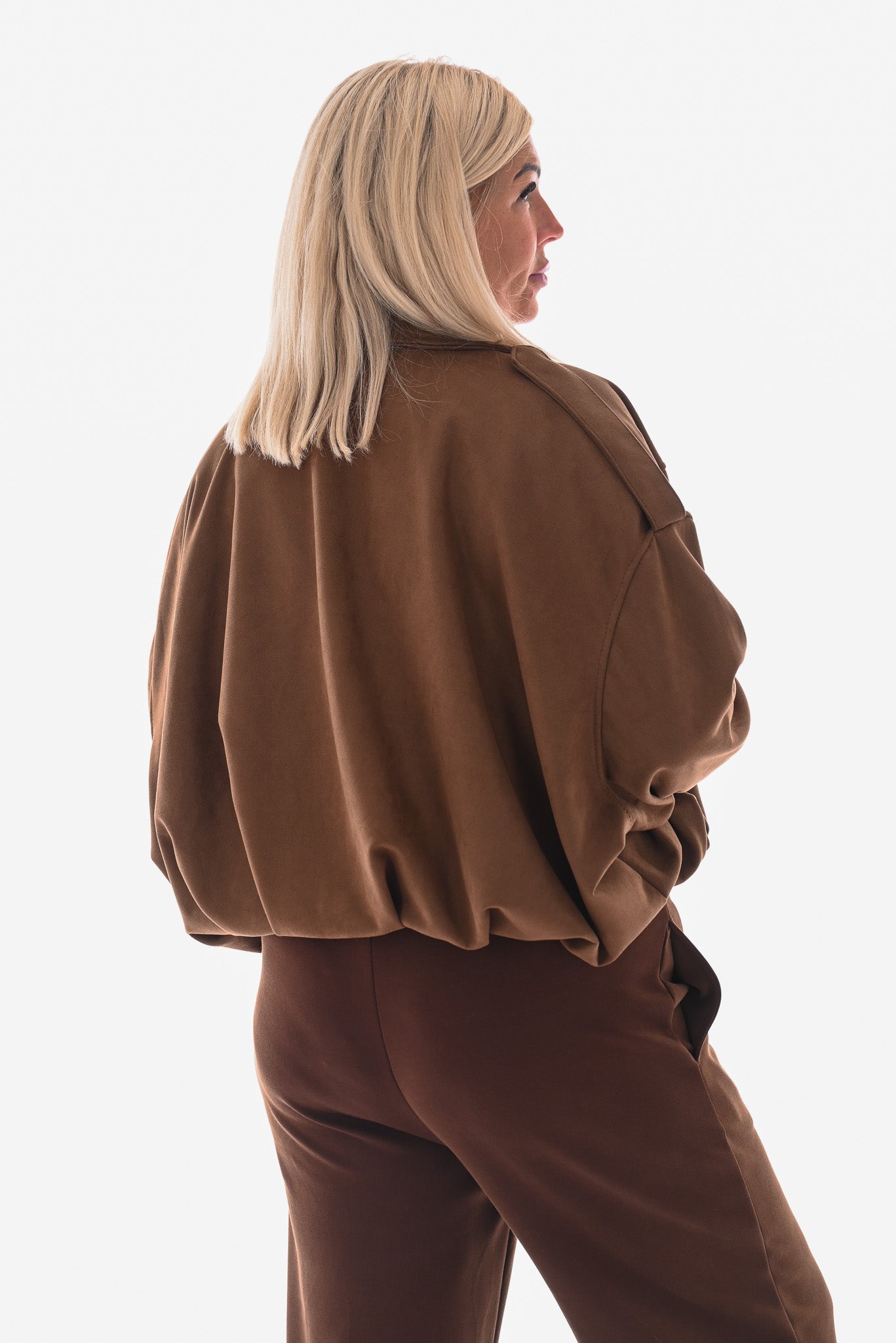 Suedelook bomber jack met streep bruin