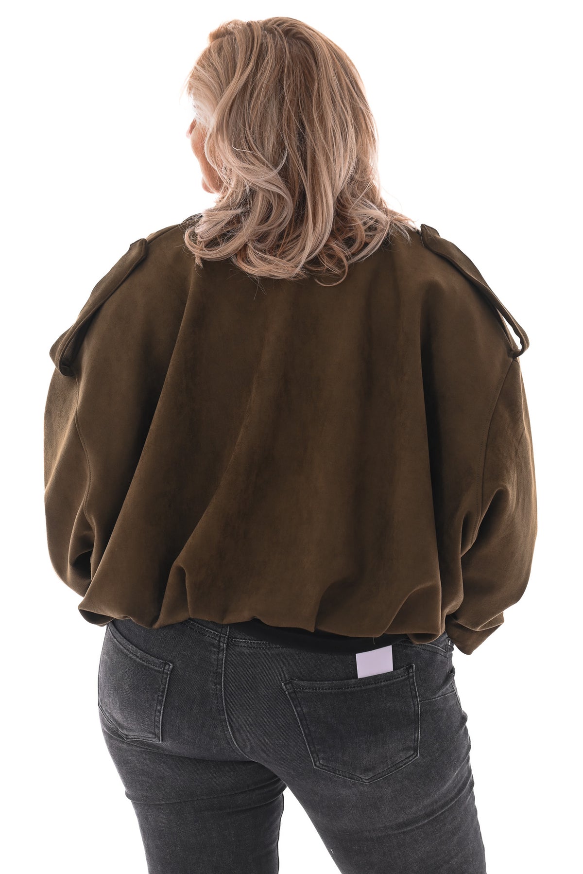 Suedelook bomber jack met streep olijfgroen