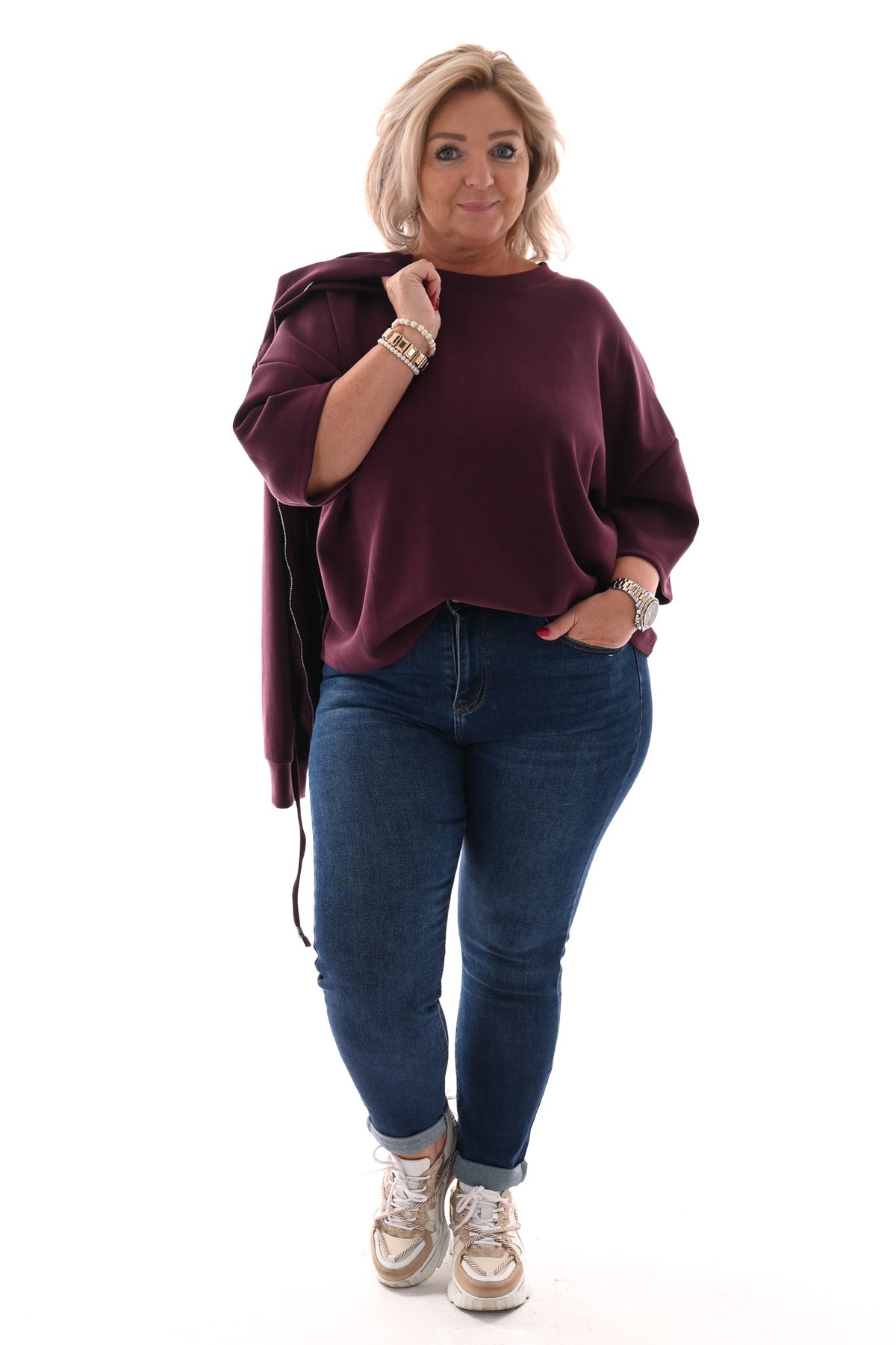 Sweater korte mouwen ronde hals aubergine