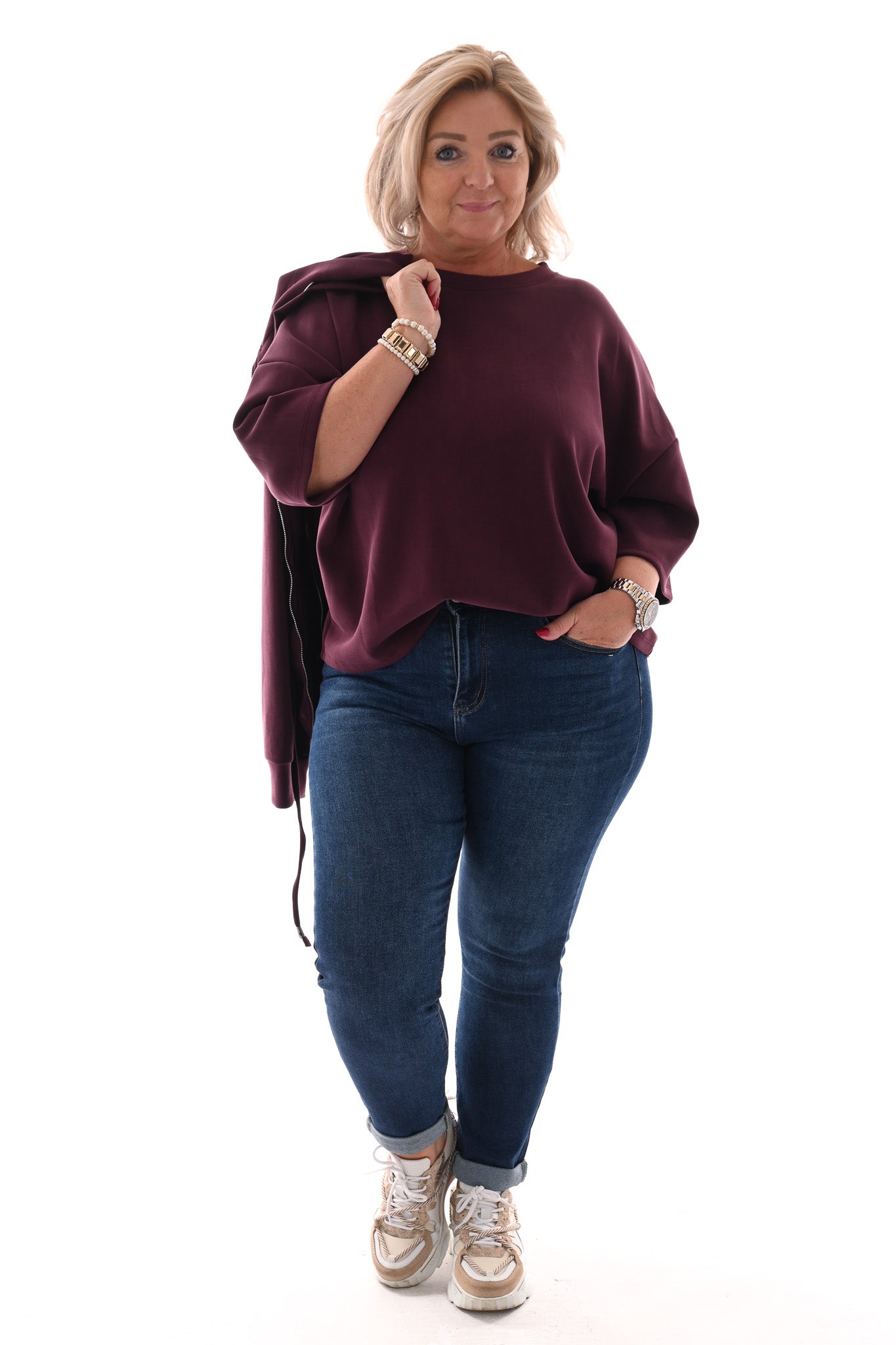 Sweater korte mouwen ronde hals aubergine