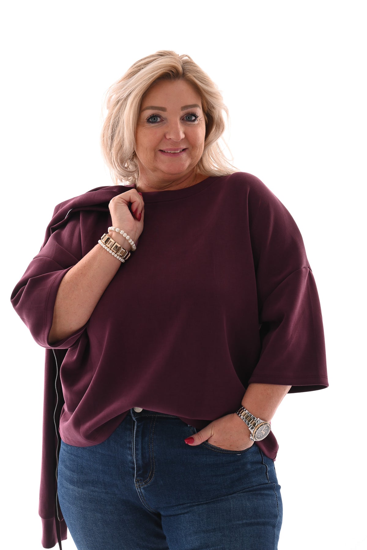 Sweater korte mouwen ronde hals aubergine