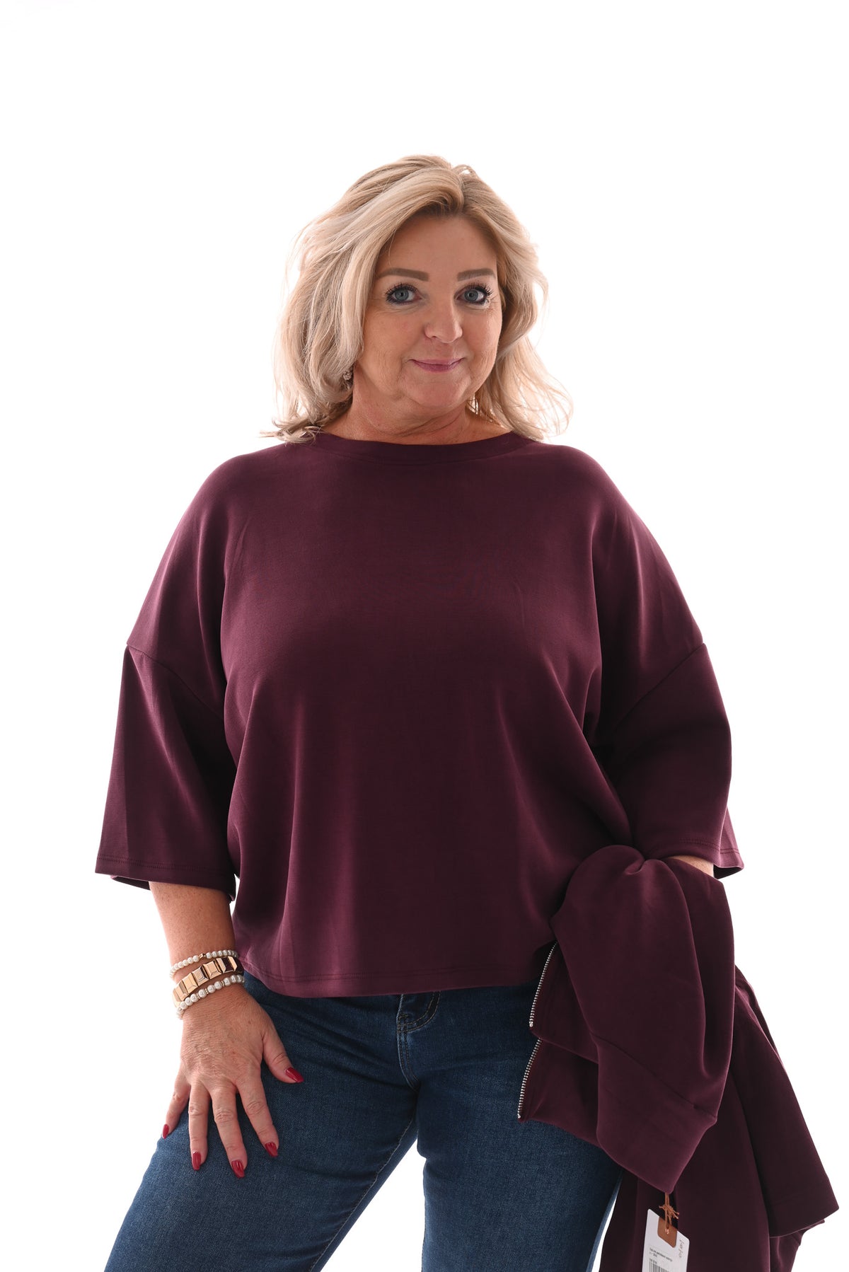 Sweater korte mouwen ronde hals aubergine