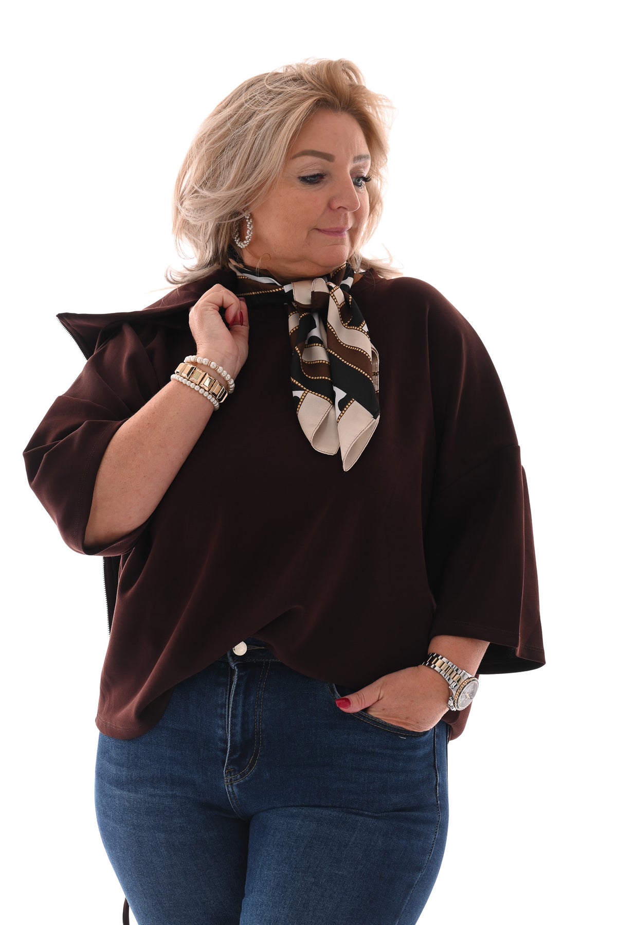 Sweater korte mouwen ronde hals donkerbruin