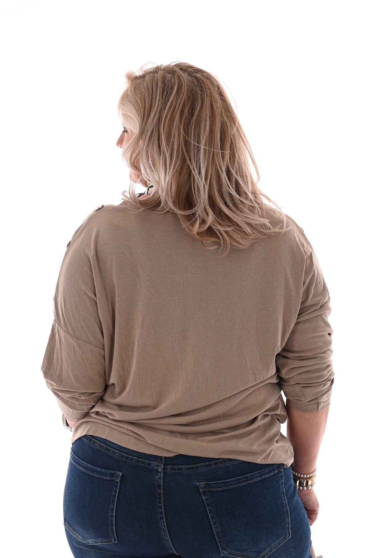 Top rib lange mouwen knopen op schouders beige