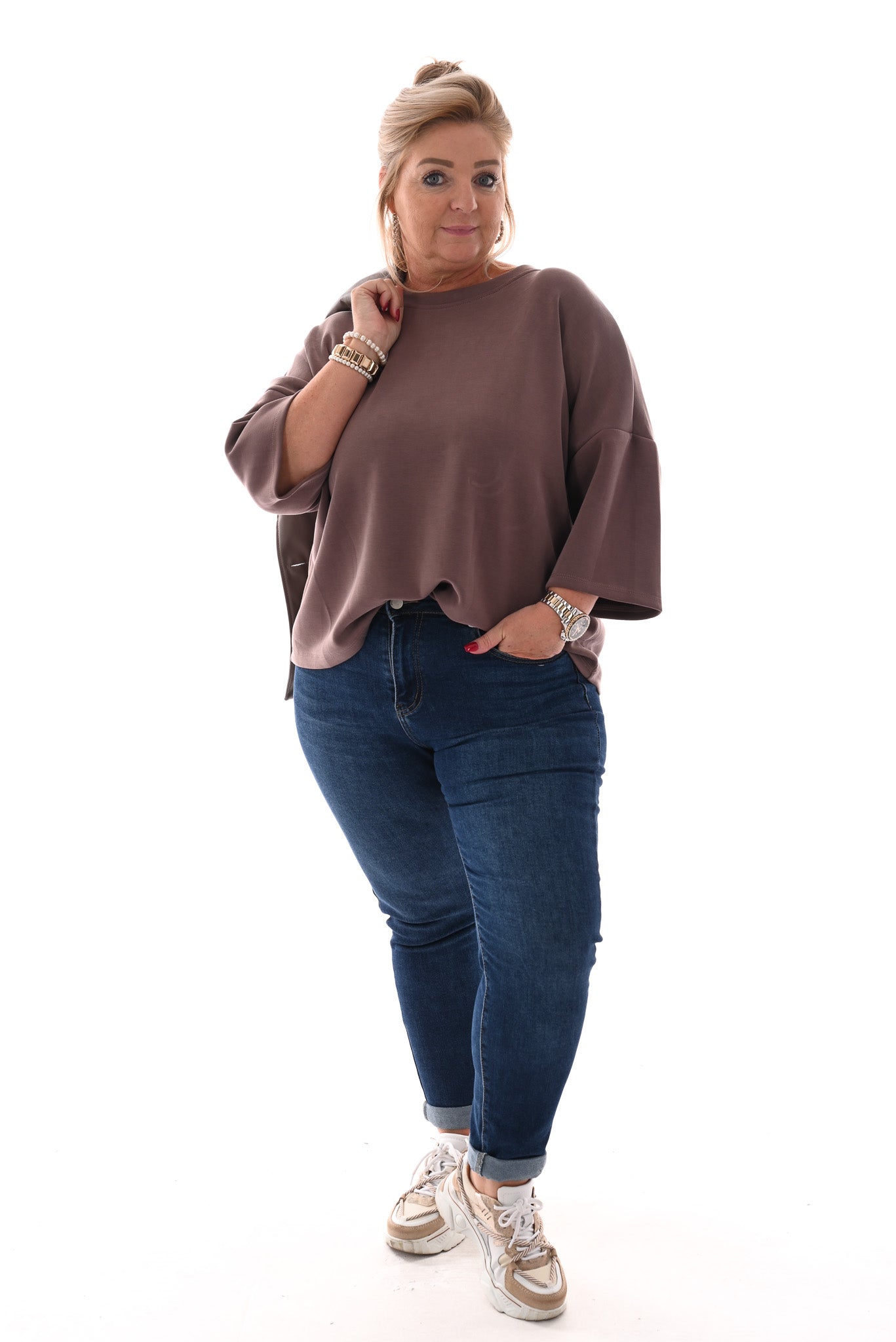Sweater korte mouwen ronde hals taupe