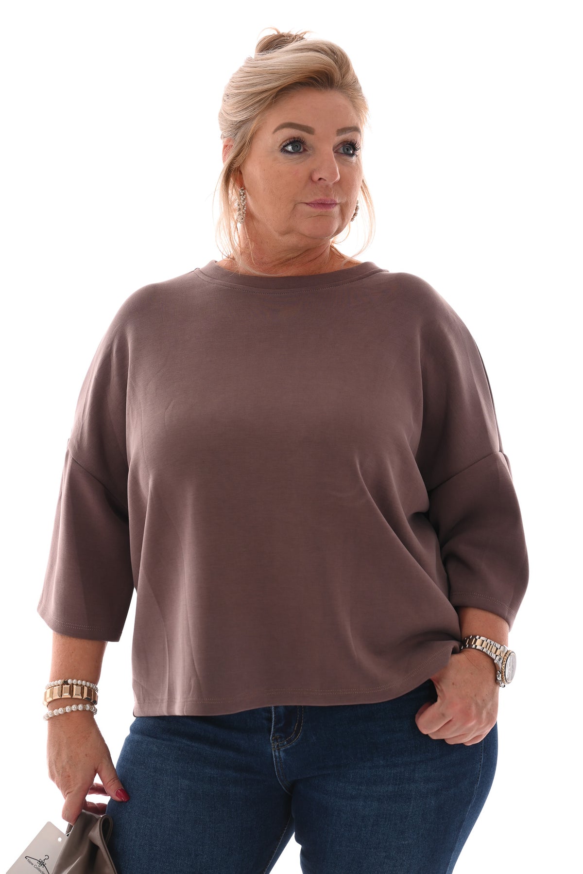 Sweater korte mouwen ronde hals taupe