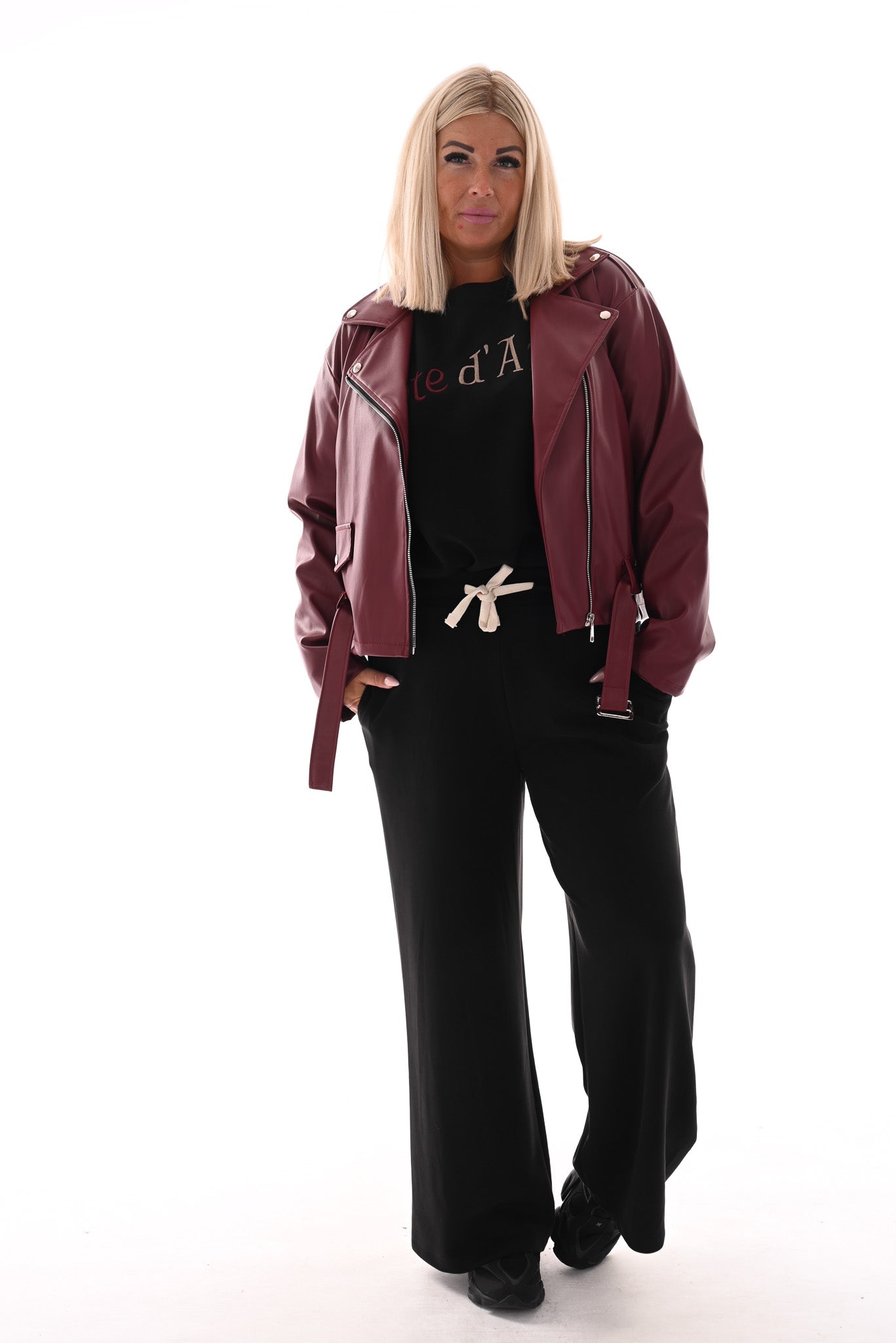 Leren biker jack met rits bordeaux