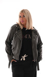 Leren biker jack met rits olijfgroen