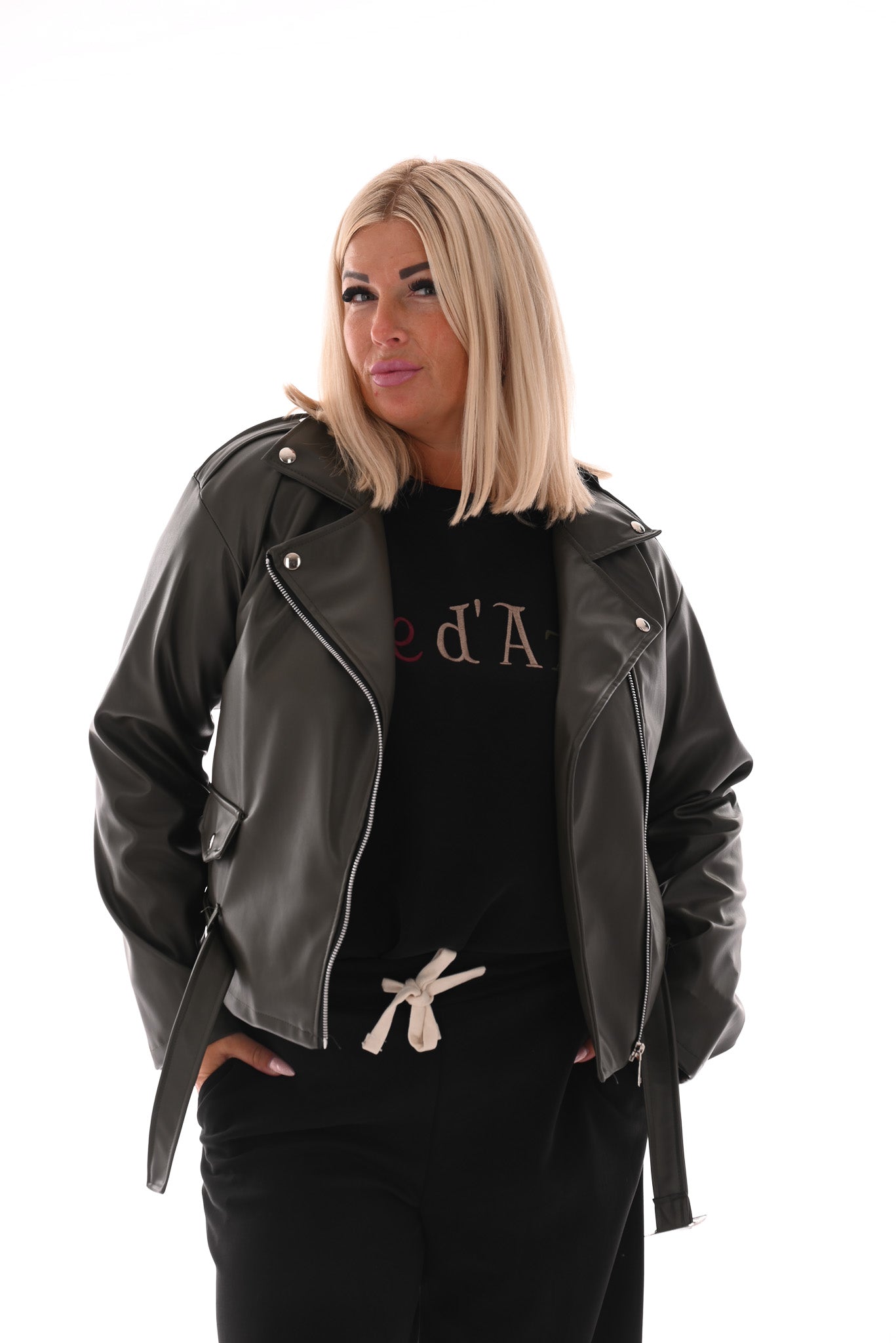 Leren biker jack met rits olijfgroen