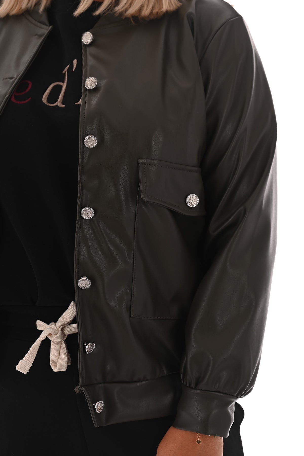 Leatherlook bomber jack met knopen olijfgroen