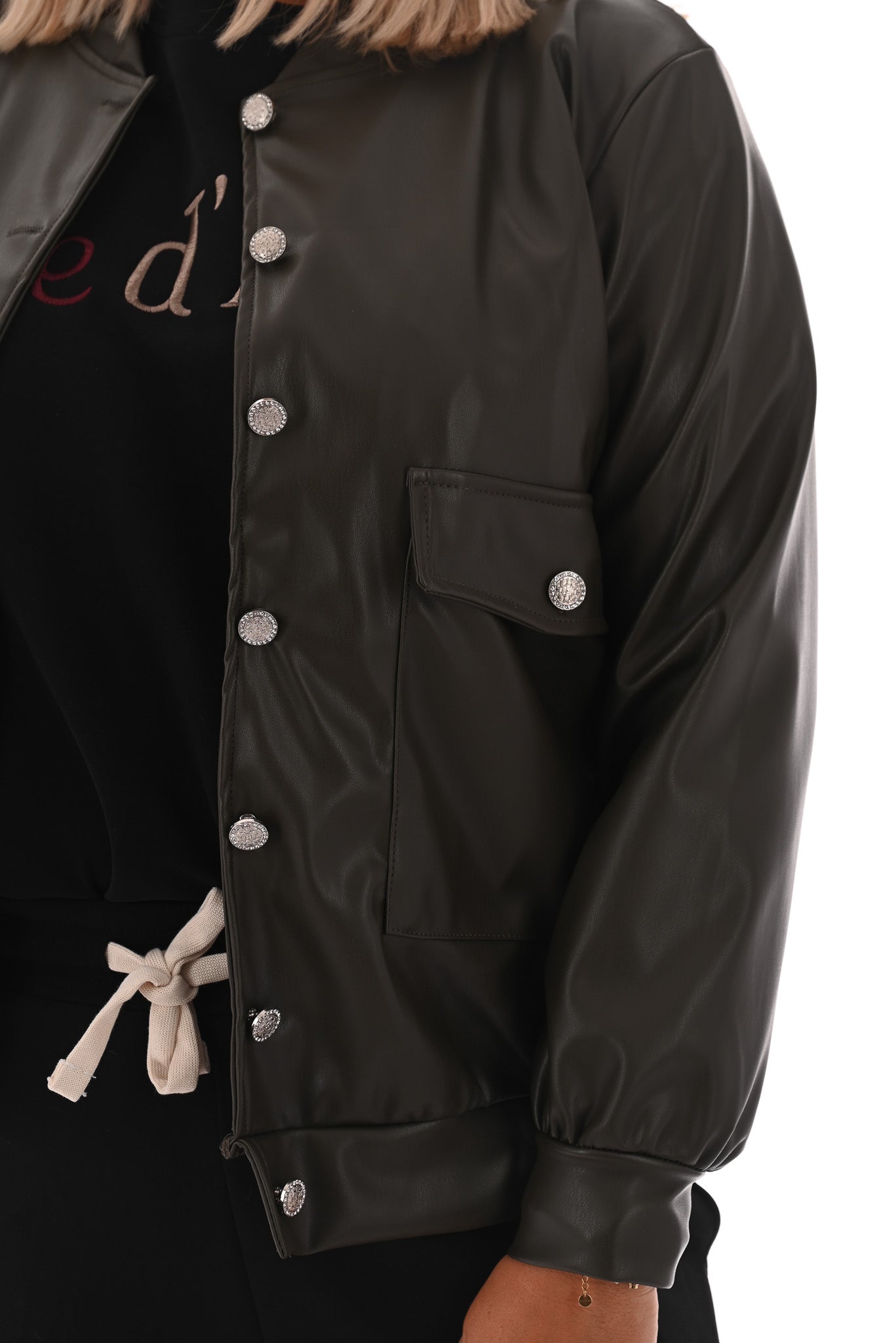 Leatherlook bomber jack met knopen olijfgroen