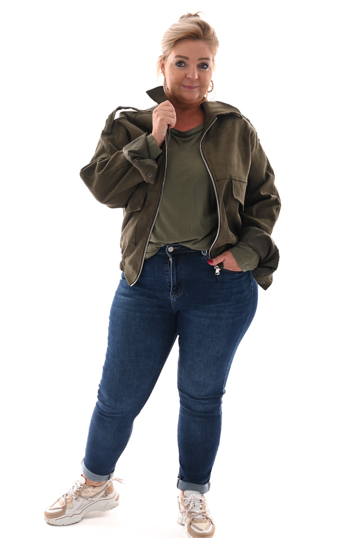 Suedelook bomber jack met zakken olijfgroen