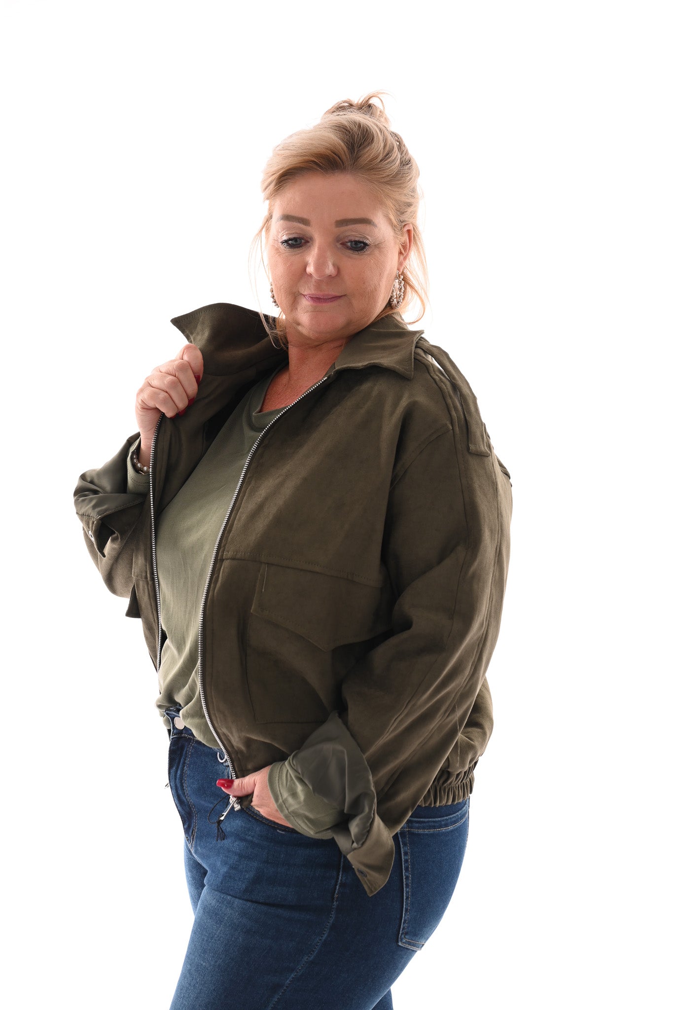 Suedelook bomber jack met zakken olijfgroen