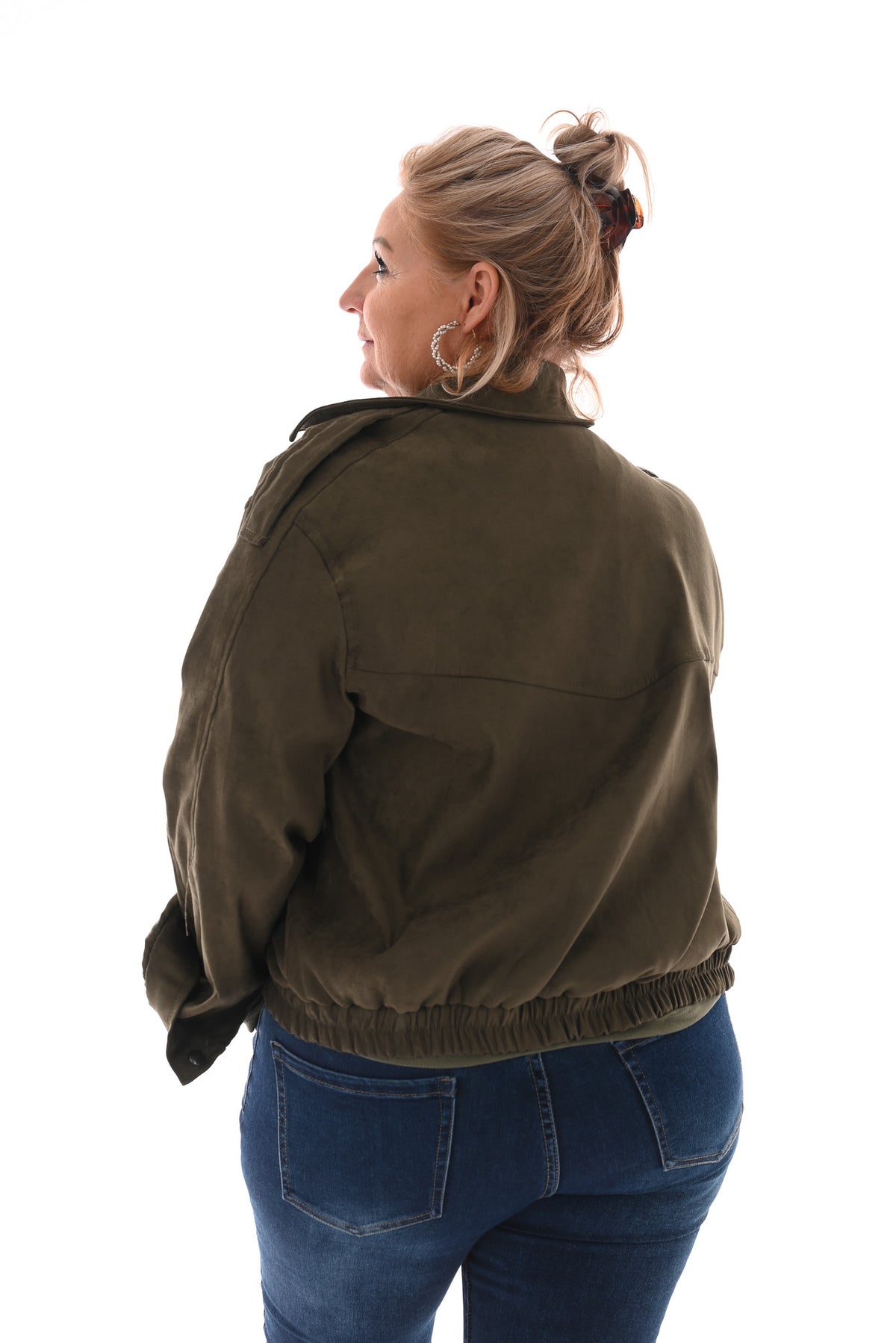 Suedelook bomber jack met zakken olijfgroen