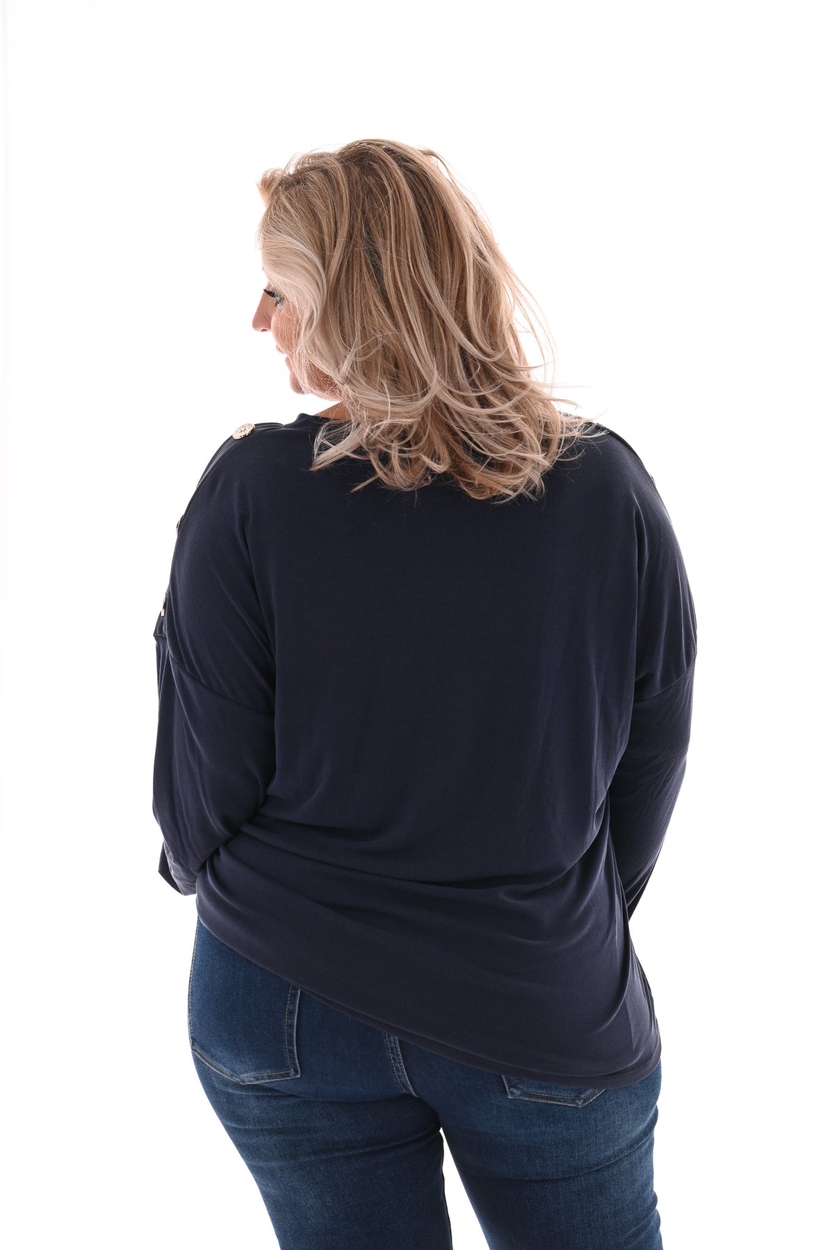 Top rib lange mouwen knopen op schouders marineblauw