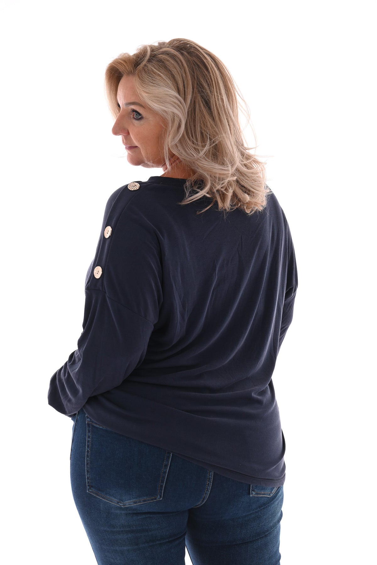Top rib lange mouwen knopen op schouders marineblauw