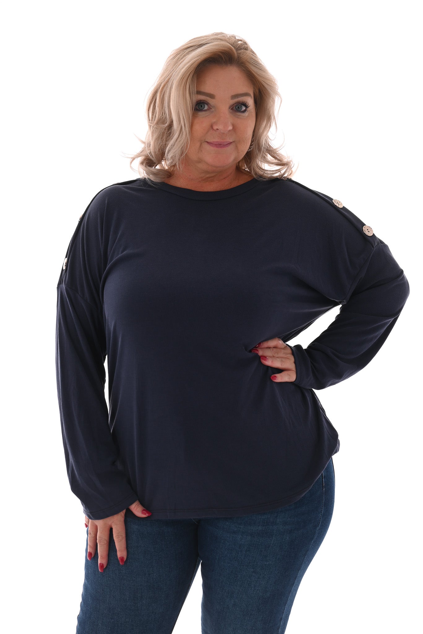 Top rib lange mouwen knopen op schouders marineblauw