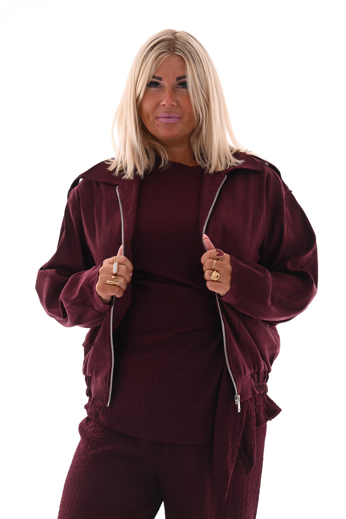 Suedelook bomber jack met zakken aubergine