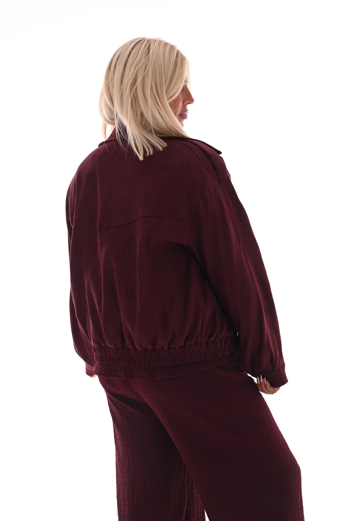 Suedelook bomber jack met zakken aubergine