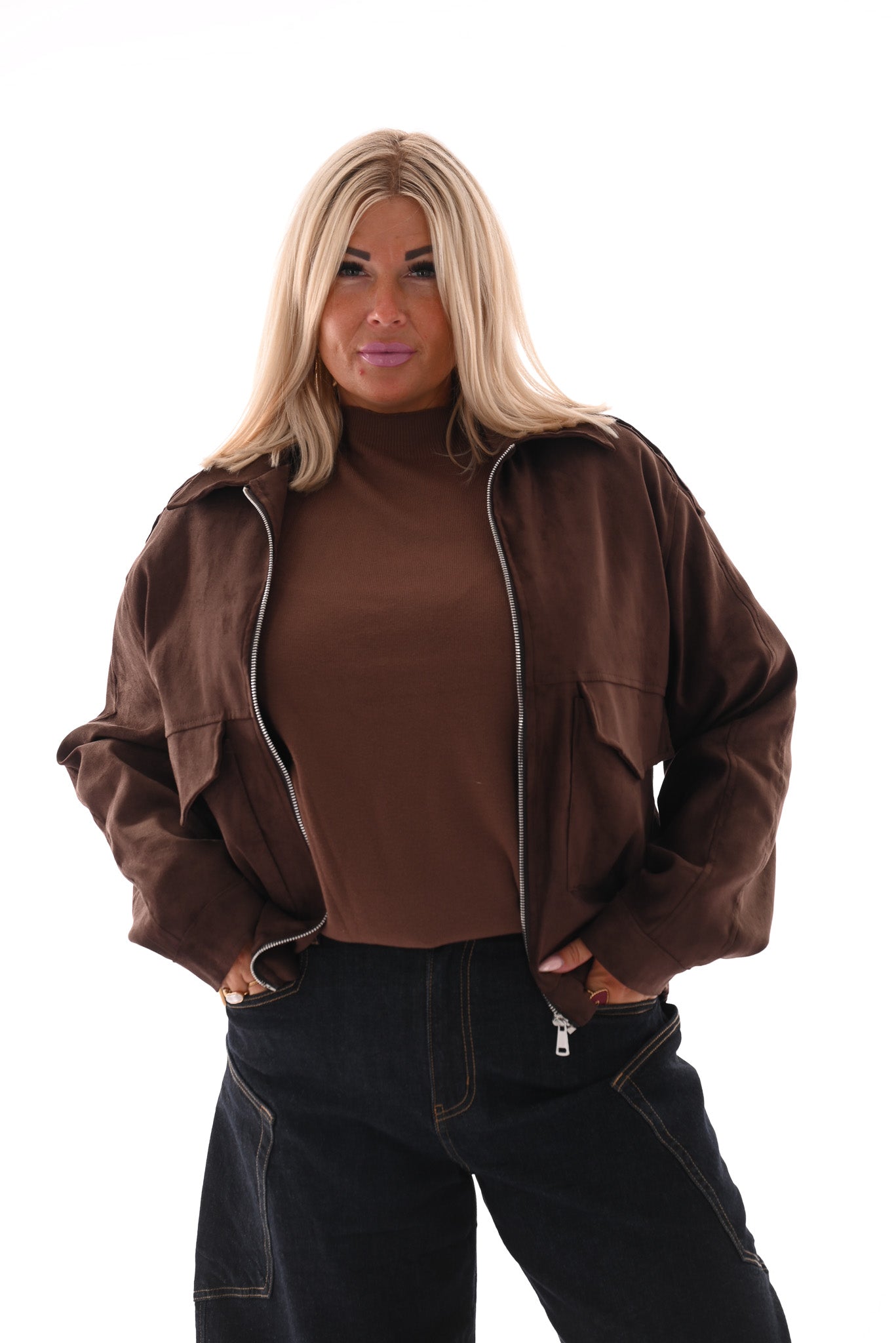 Suedelook bomber jack met zakken donkerbruin
