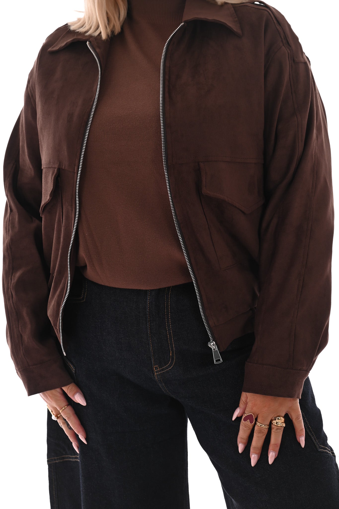 Suedelook bomber jack met zakken donkerbruin