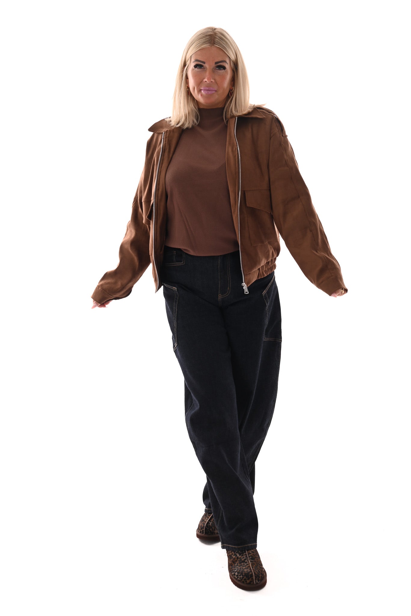 Suedelook bomber jack met zakken camel