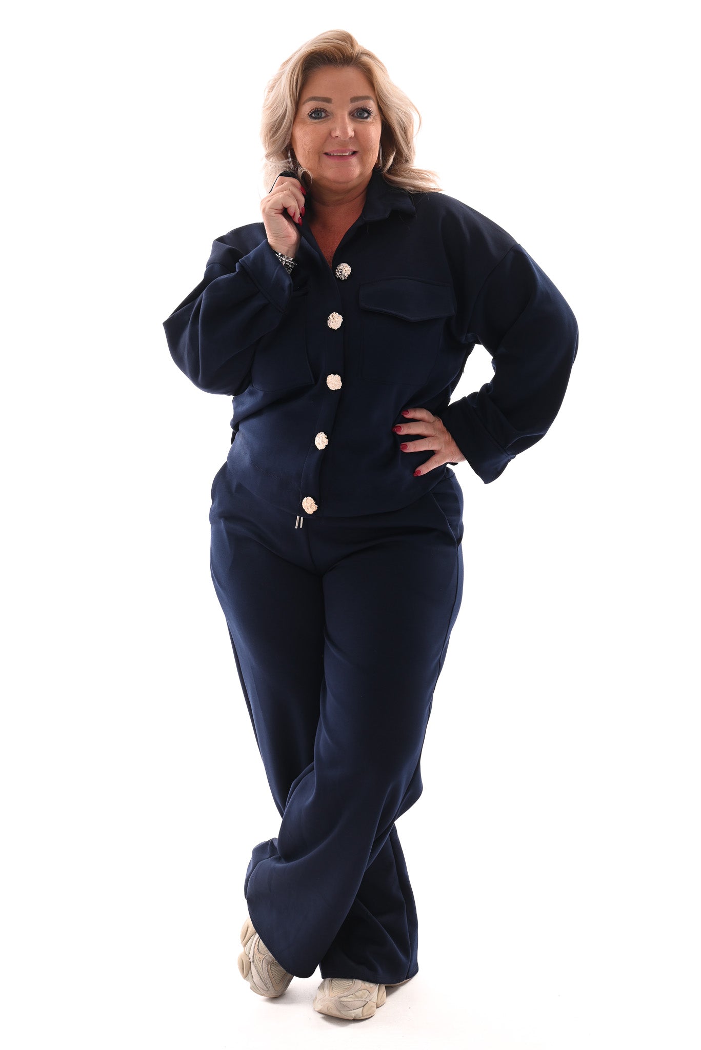 Tweedelig pak blouse met borstzakken en knopen marineblauw