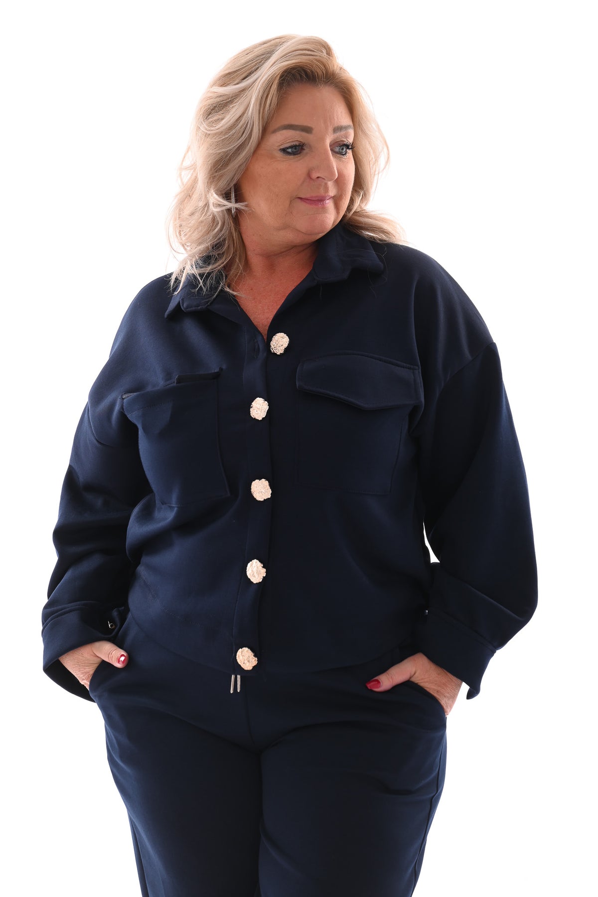 Tweedelig pak blouse met borstzakken en knopen marineblauw