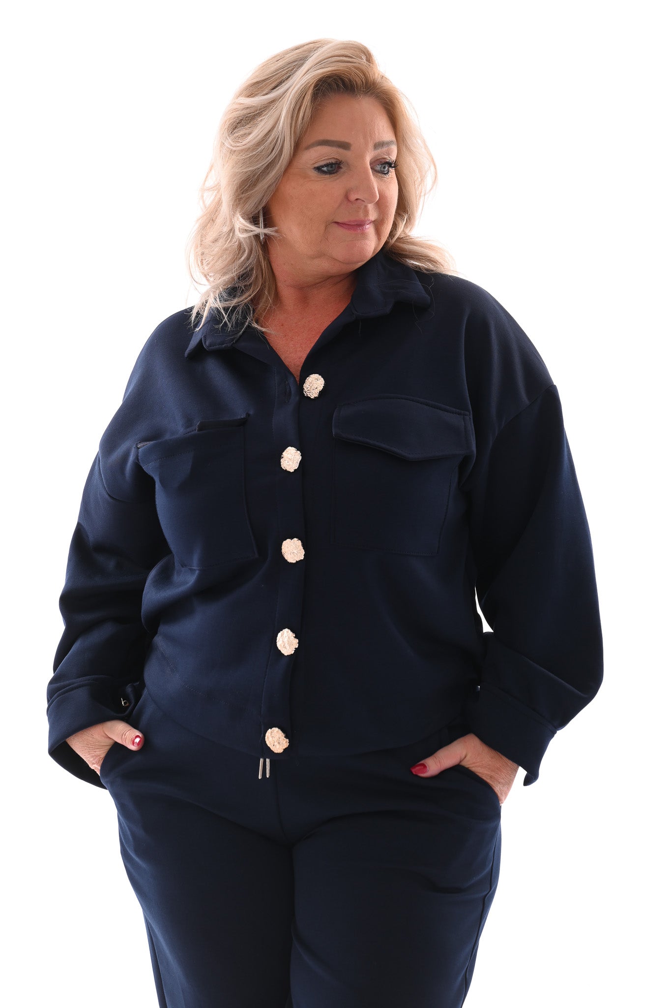 Tweedelig pak blouse met borstzakken en knopen marineblauw