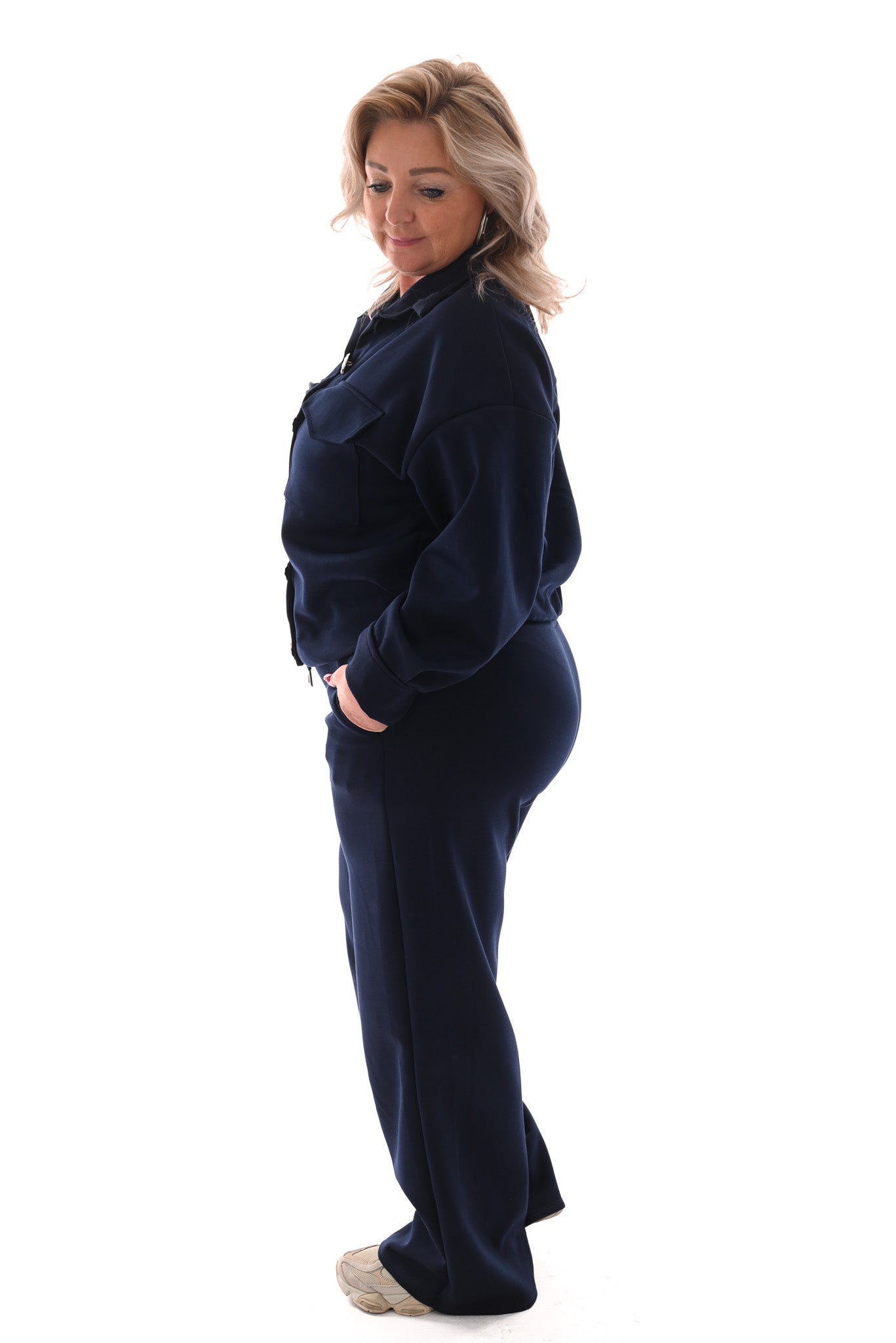 Tweedelig pak blouse met borstzakken en knopen marineblauw
