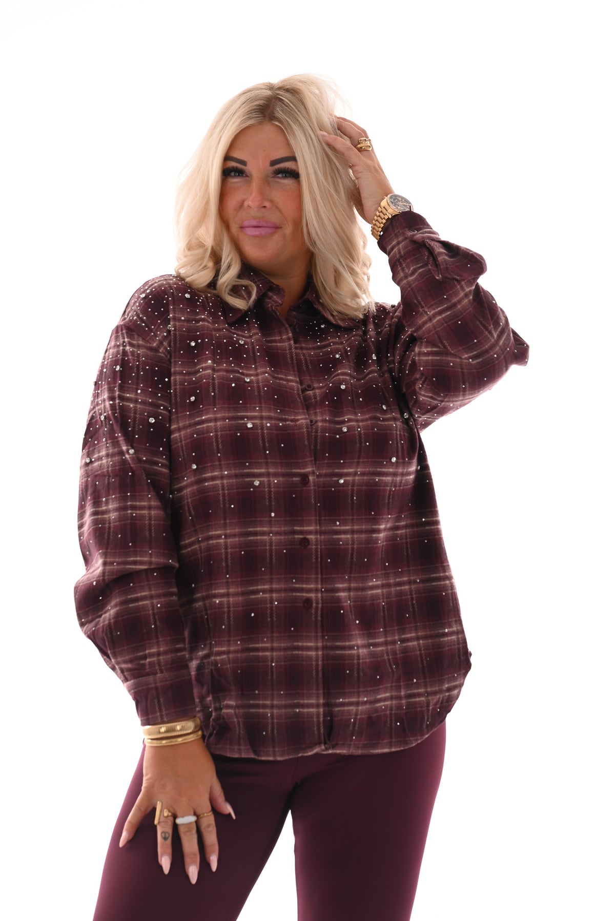 Houthakkers blouse strass en strass steentjes aubergine