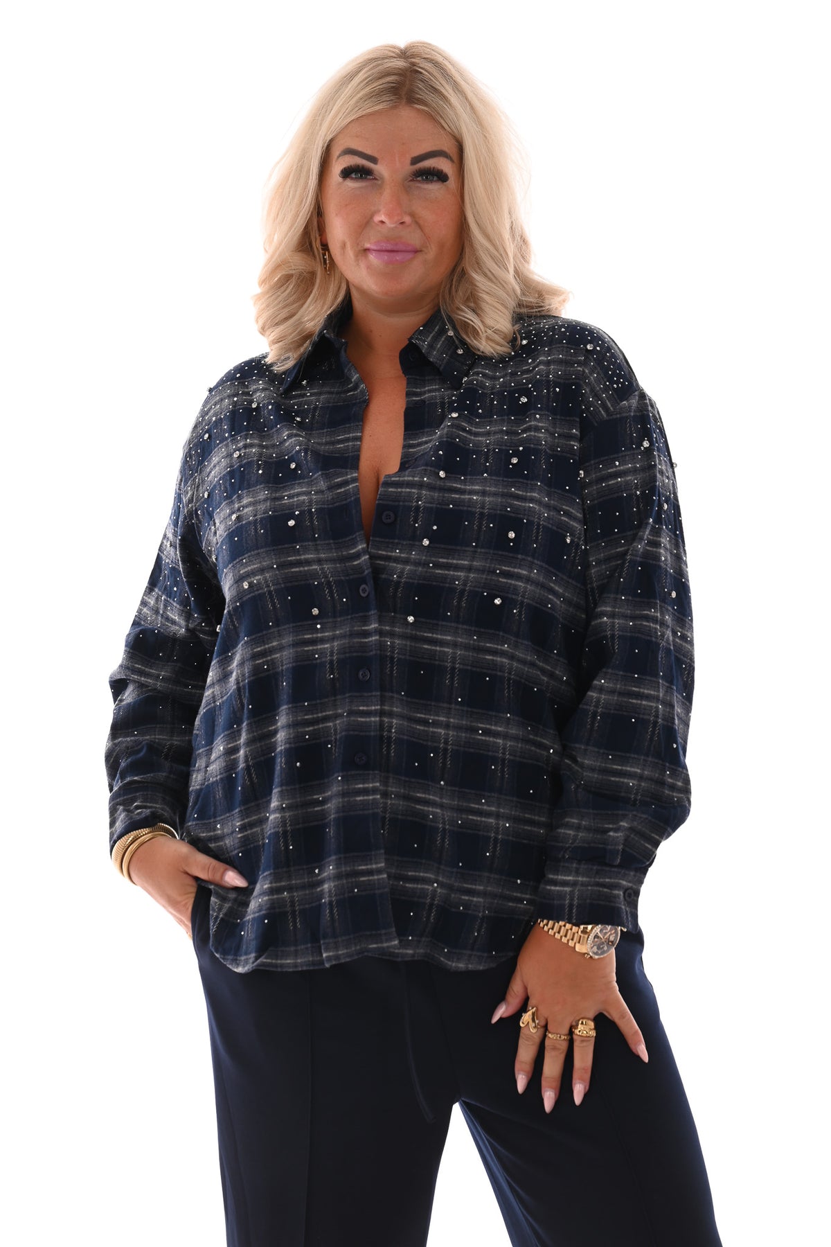 Houthakkers blouse strass en strass steentjes blauw