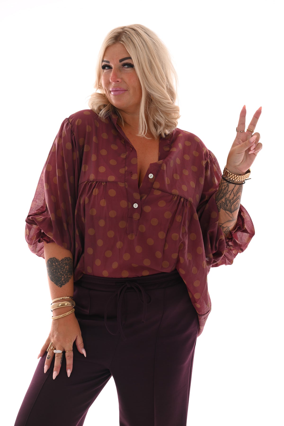 Blouse grote dots bordeaux/bruin