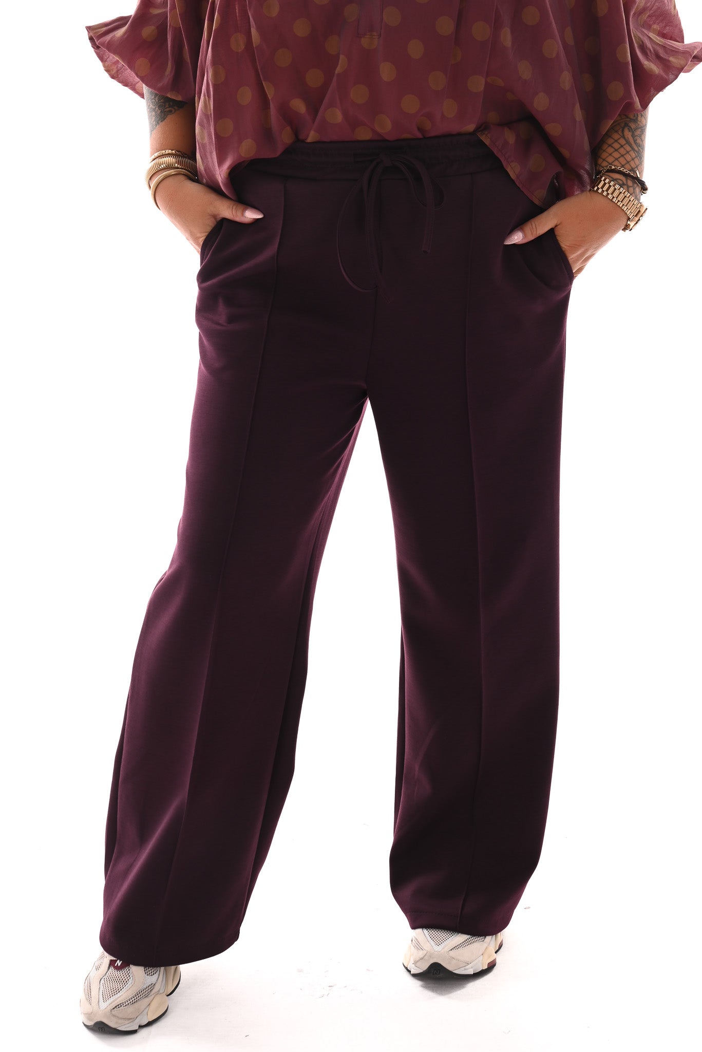Wide leg joggingsbroek met naad aubergine
